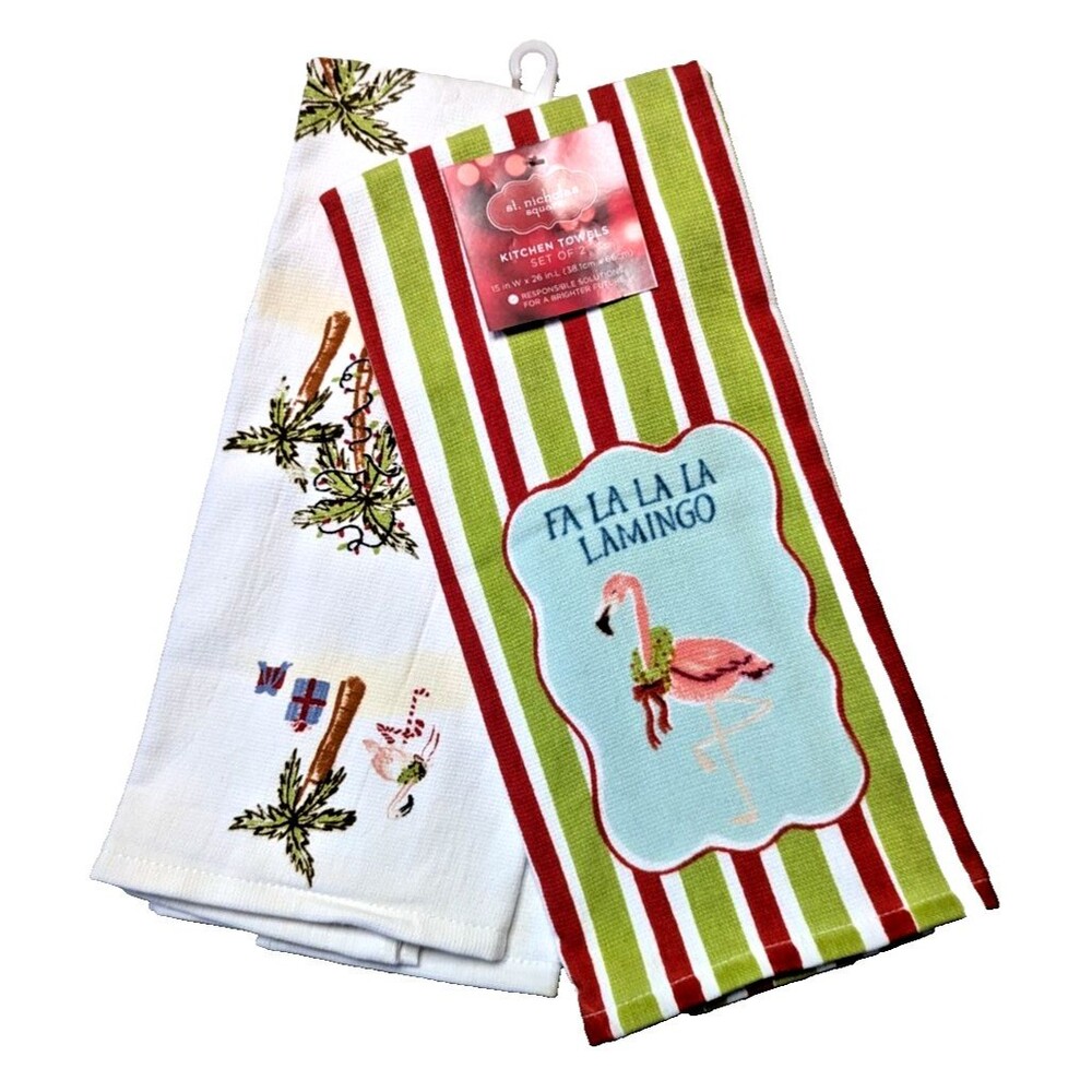 Fa La La Flamingo Tropical Kitchen Towels 2-pc Cotton Palm Trees Stripes NEW